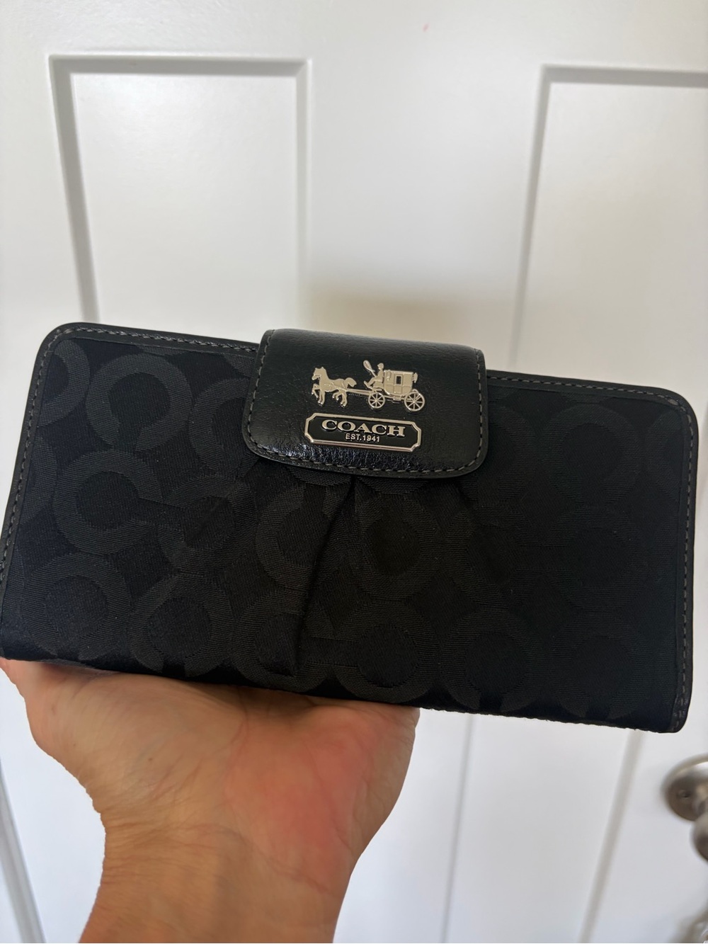 Coach Black Signature Continental Wallet with Horse & Carriage Plaque